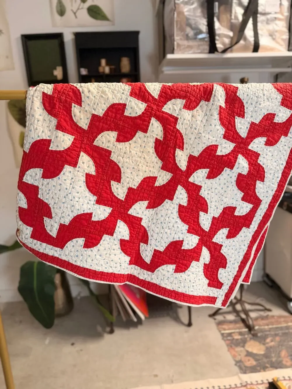 Vintage Handmade Hand Sewn Quilt Red White Blue Floral Cottagecore Farmhouse